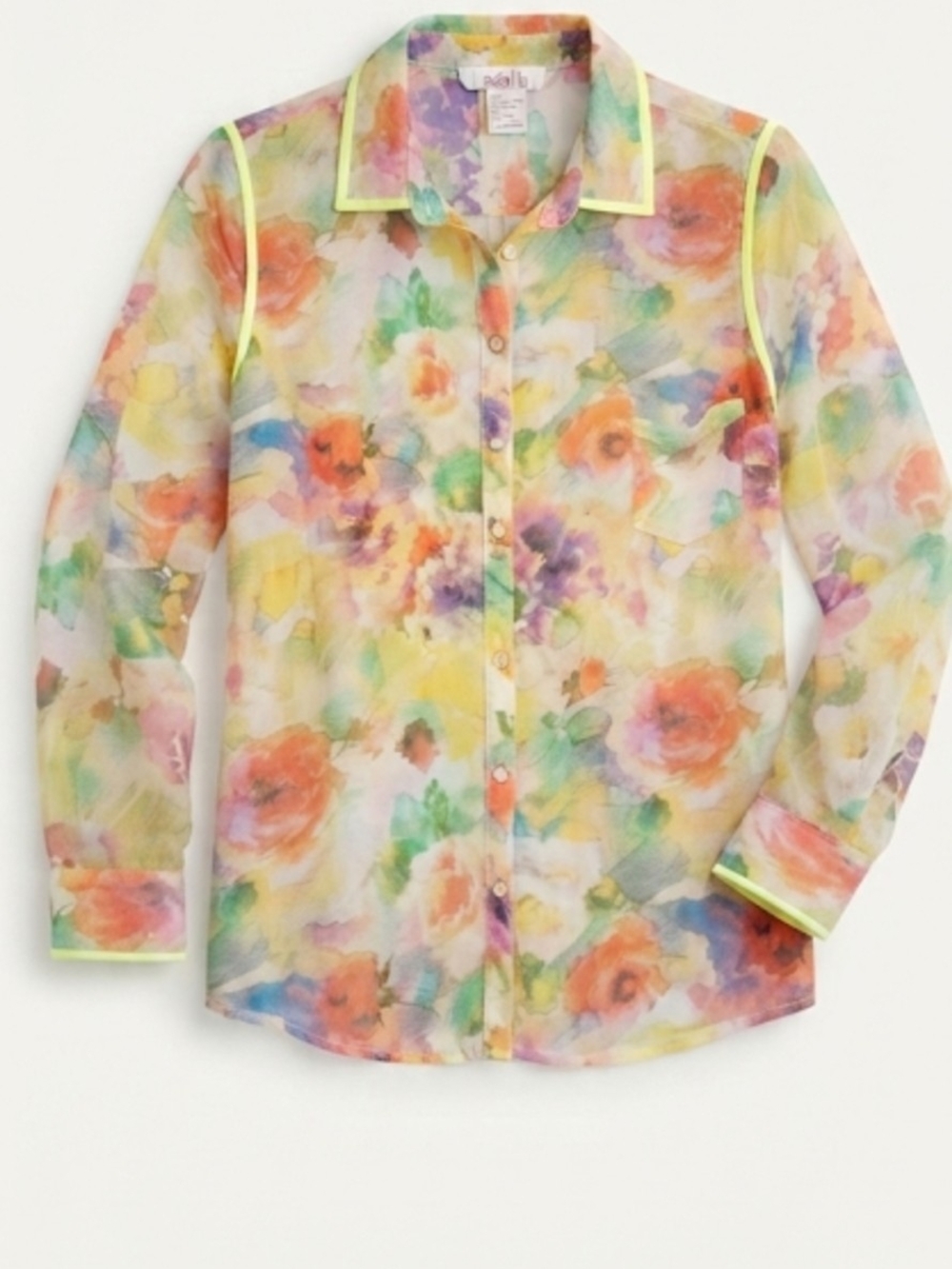 Isabel Lu Colorful Floral Sheer Button Down Blouse Neon Trim Size S